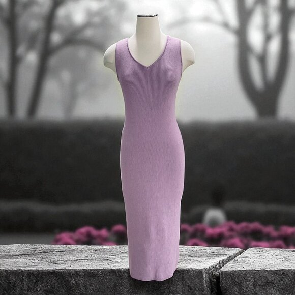 Gstq Lavender Ribbed Midi Dress V Neck Bodycon Knit Sleeveless Stretch NWT M - Picture 1 of 12